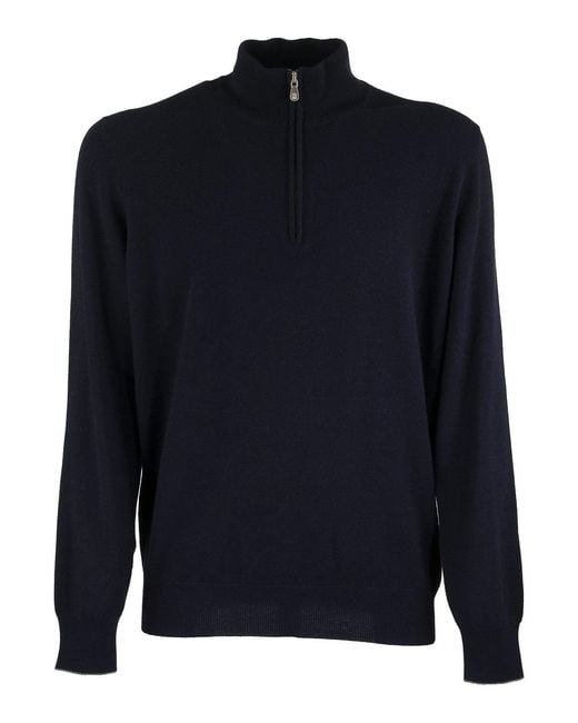 Brunello Cucinelli Blue Cashmere Turtleneck Sweater With Zipper for men