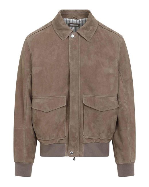 Brunello Cucinelli Brown Leather Bomber Jacket for men