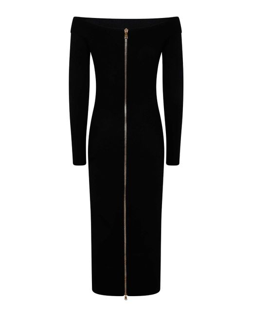 Balmain Black Ls Double Collar Knit Zipped Midi Dress