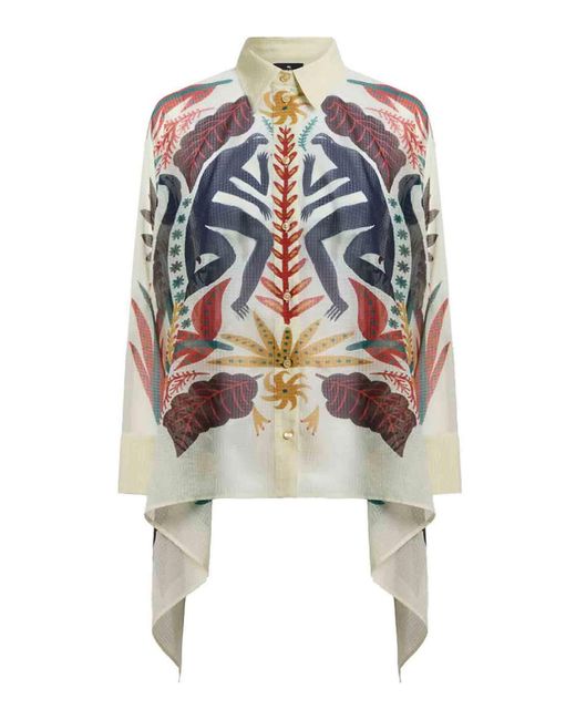 Etro White Shirt With Handkerchief Hem And Placed Print