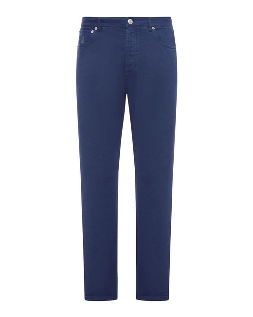 Brunello Cucinelli Blue Five-Pocket Garment-Dyed Denim Trousers for men