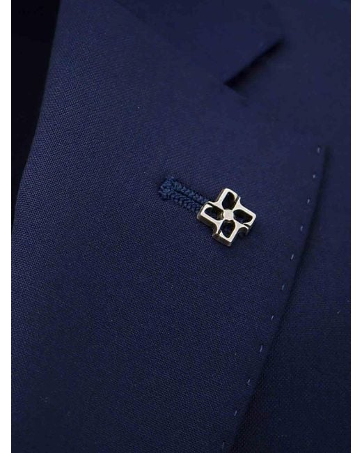 Tagliatore Blue Virgin Wool Suit With Removable Iconic Brooch for men