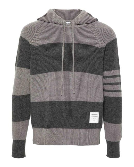 Thom Browne Gray Striped Knitted Hoodie for men