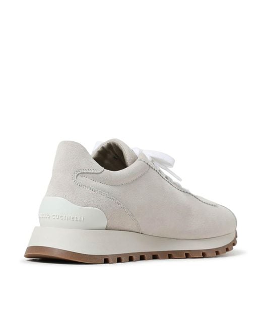 Brunello Cucinelli White Suede Runners With Shiny Tab