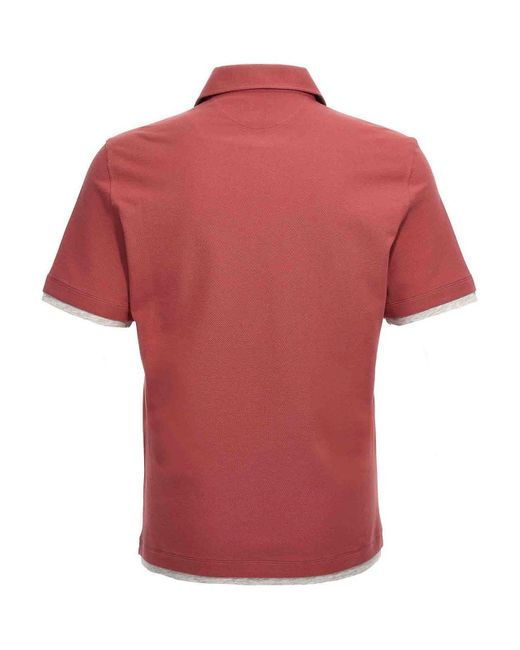 Brunello Cucinelli Red Double Layer Effect Polo Shirt for men