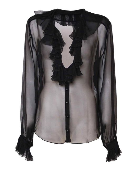 Dolce & Gabbana Black Transparent Shirt With Neckline And Ruffles