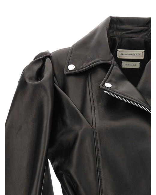 McQueen Black Sleeveless Leather Jacket With Knotted Drapery