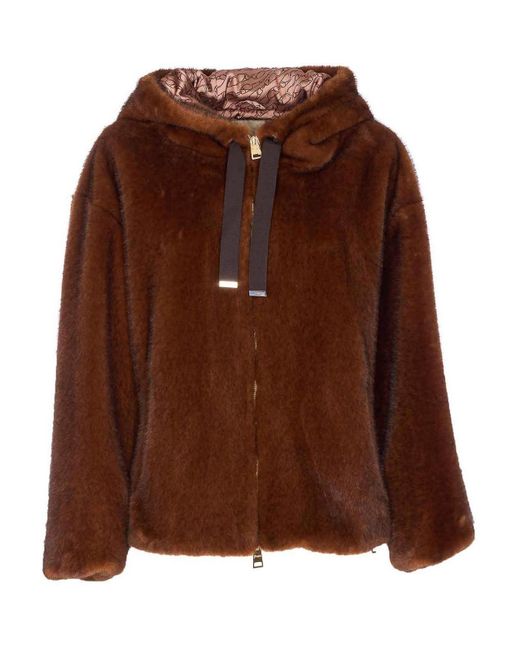 Herno Brown Faux Fur Jacket With Hood