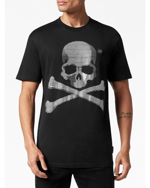 Philipp Plein Black T-Shirt Round Neck Ss Skull & Bones for men