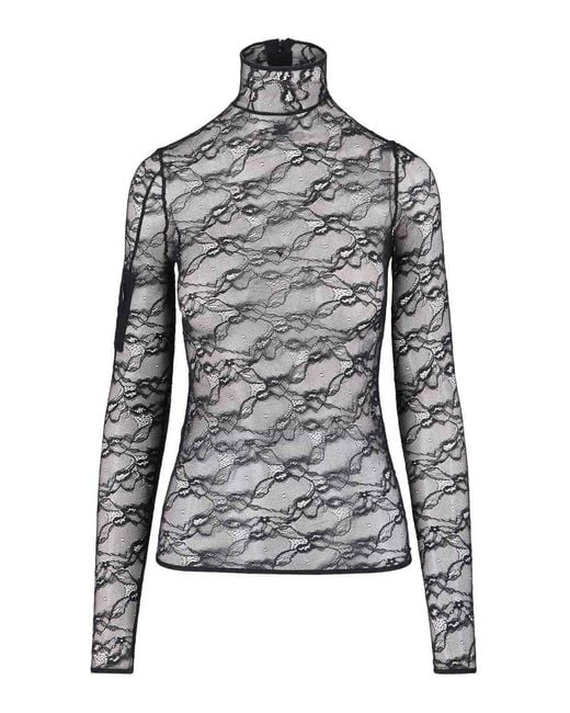Courreges Gray Intricately Designed Sheer Lace Top With High Neckline