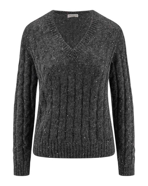 Brunello Cucinelli Gray Wool Blend Sweater With All-Over Sequins