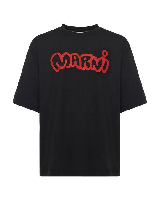 Marni Black Cotton T-Shirt With Logo<Br for men