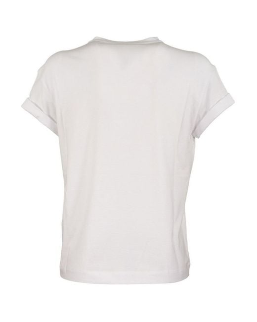 Brunello Cucinelli White Rhinestones Detailed Chest Pocket T-Shirt