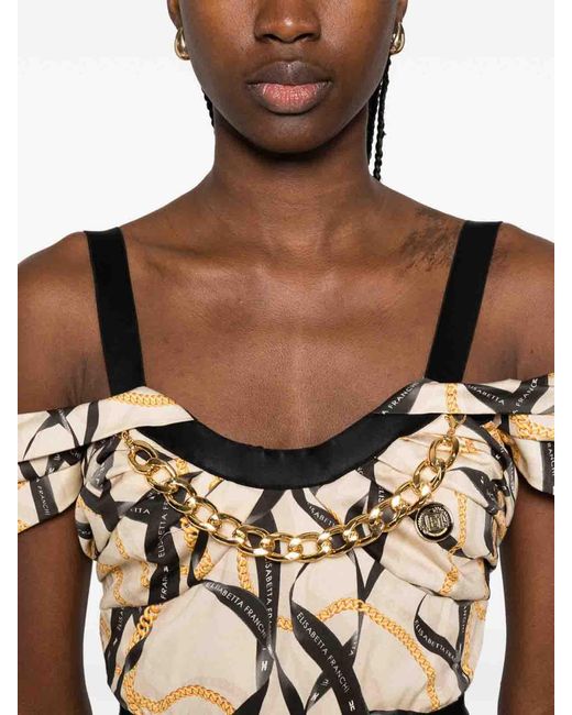 Elisabetta Franchi White Printed Midi Dress With Ruffle Details