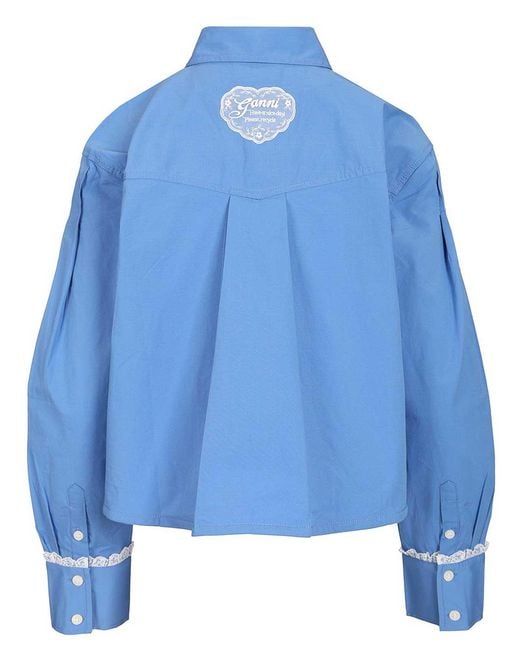 Ganni Blue Cotton Shirt With Lace Details