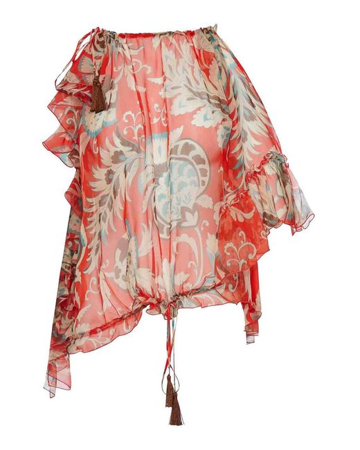 Etro Red Single-Sleeved Silk Top With Floral Pattern