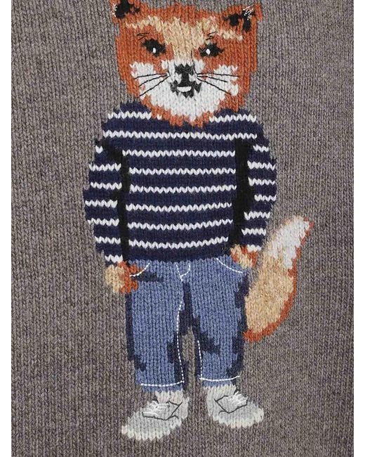 Maison Kitsuné Gray Dressed Fox Intarsia Wool Jumper for men