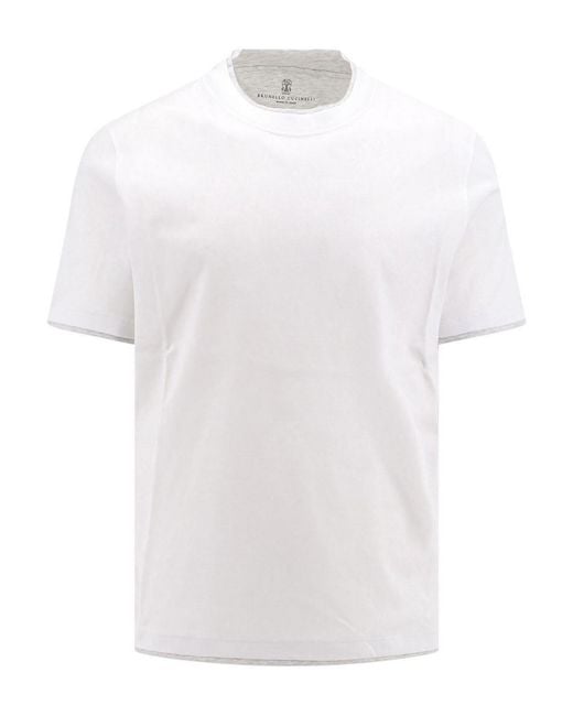 Brunello Cucinelli White Cotton T-Shirt With Contrasting Profiles for men