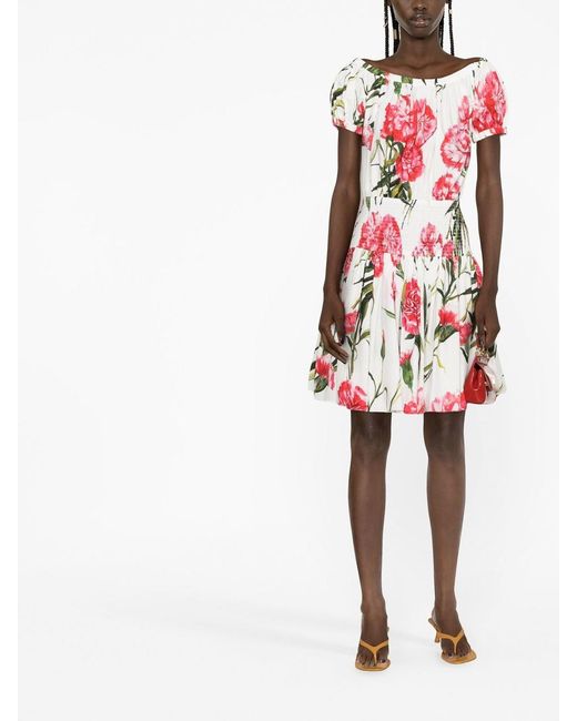 Dolce & Gabbana White Carnation-Print Flared Minidress