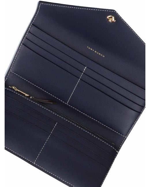 Tory Burch Blue Leather And T Monogram Fabric Wallet