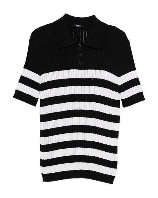 Balmain Black Striped-Pattern Polo Shirt for men