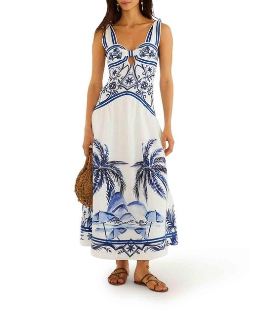 Farm Rio Blue Long Linen Dress With Tropical Print