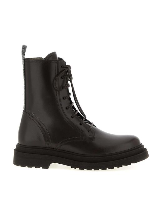 Brunello Cucinelli Black Lace-Up Pull-Tab Boots