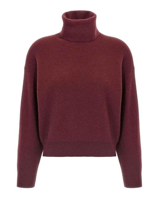 Brunello Cucinelli Red Ribbed Turtleneck Sweater