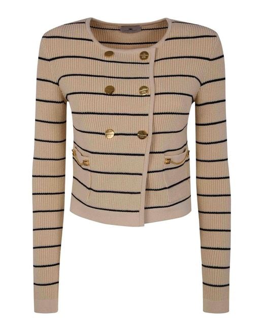 Elisabetta Franchi Natural Stripes Tricot Round Neck Sweater