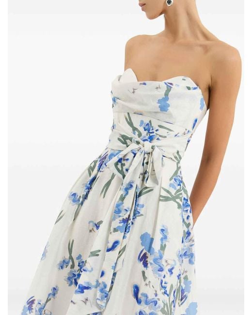 Rebecca Vallance Blue Print Linen Blend Midi Bustier Dress