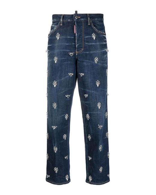 DSquared² Blue Crystal-Embellished High-Rise Straight-Leg Cropped Jeans