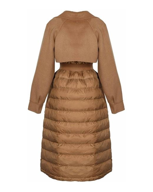 Twinset Brown Wool Coat With Quilted Nylon Inserts