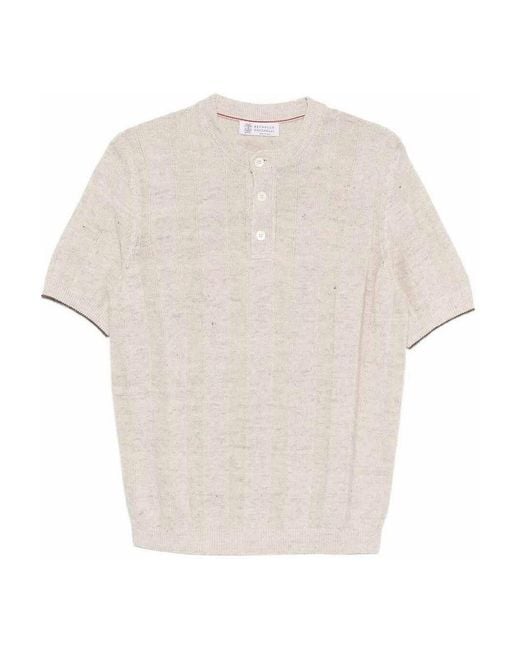 Brunello Cucinelli White Textured Rib Knit T-Shirt With Henley Collar for men