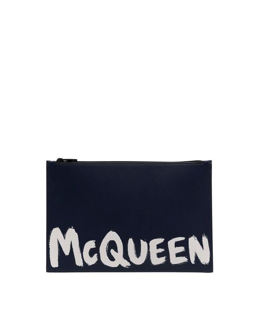 Alexander McQueen Blue Logo Graffiti Leather Pouch for men