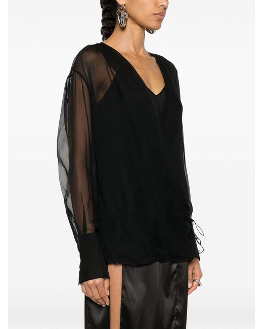 Givenchy Black Long-Sleeve Silk Wrap Blouse