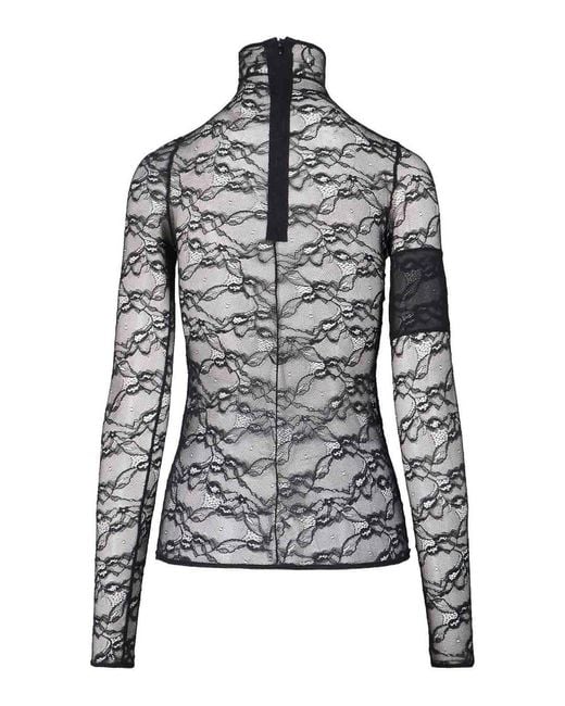 Courreges Gray Intricately Designed Sheer Lace Top With High Neckline