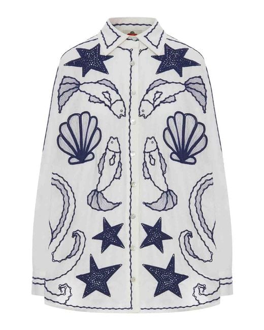 Farm Rio Blue Cotton Shirt With Marine Embroidery