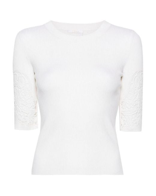 Chloé White Crew-neck Half Sleeve Sweater