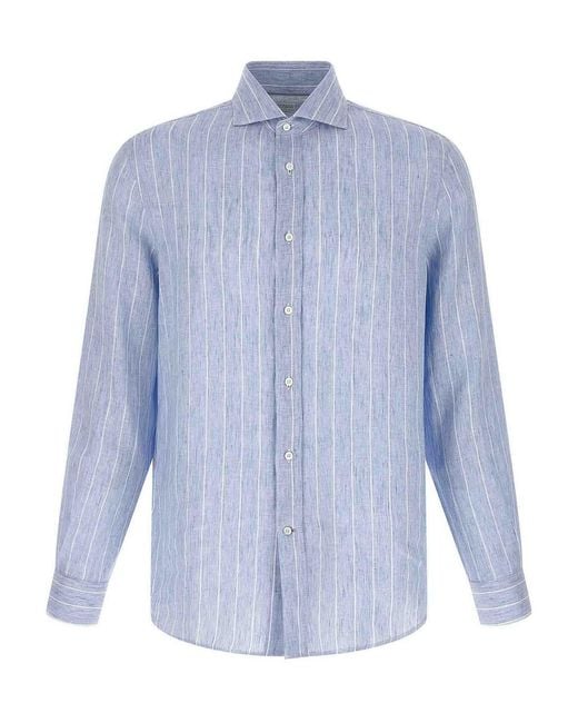 Brunello Cucinelli Blue Striped Linen Shirt for men