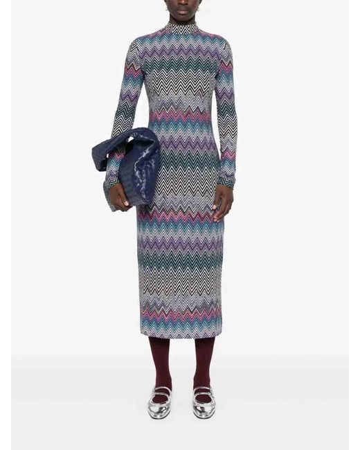 Missoni Gray Zig Zag Motif Wool Midi Dress