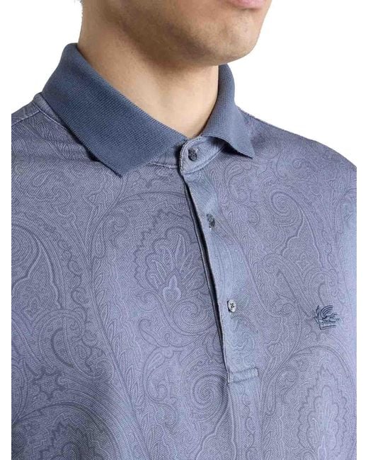 Etro Blue Cotton Polo Shirt With Arnica Pattern for men