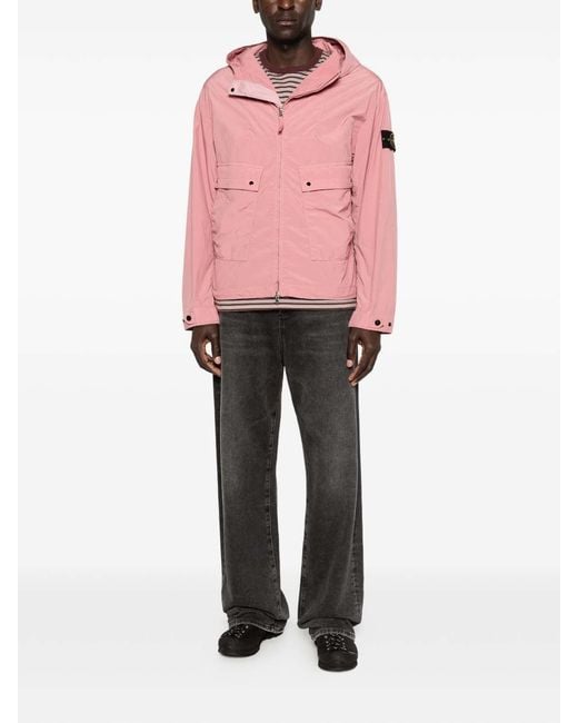 Stone Island Pink Hooded Windbreaker With Logo Patch for men