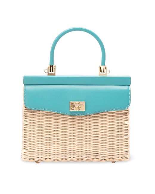 Rodo Blue Wicker And Leather Medium Handbag