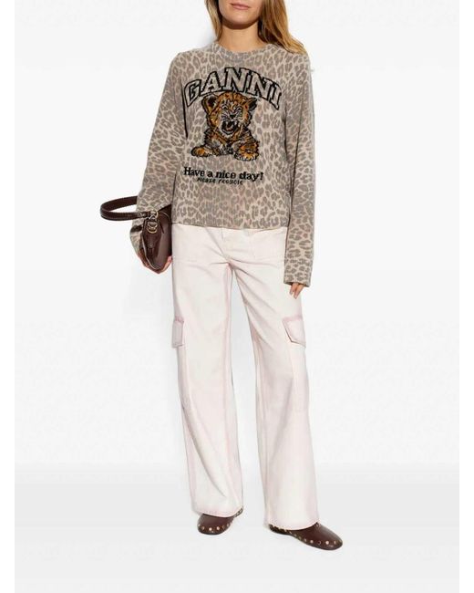 Ganni White Graphic Wool Sweater Tiger