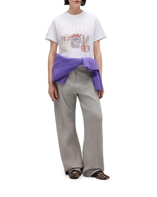 Ganni White Cotton Jersey T-Shirt With Animals Print