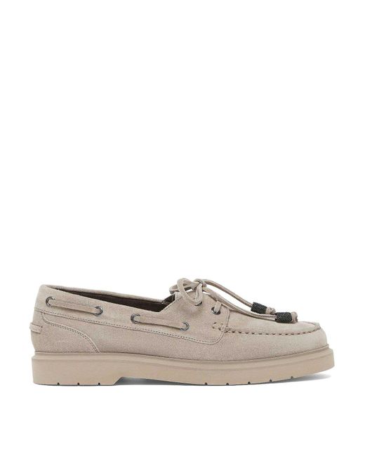 Brunello Cucinelli Gray Boat Moccasins With Jewelry Chain