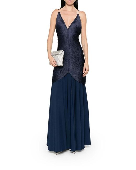 Bless Blue Long Nostalgia Dress With Fringes And V-Neck