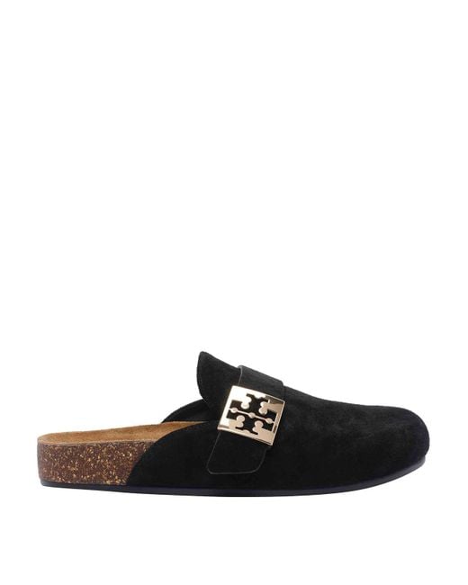 Tory Burch Black Suede Slip-On Mules Logo Hardware