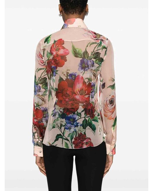 Dolce & Gabbana White Long-Sleeved Silk Shirt With Floral Print