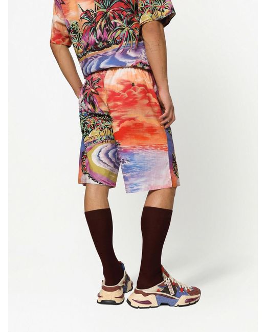 Dolce & Gabbana Red Graphic-Print Bermuda Shorts for men